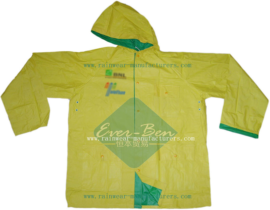 Yellow Reversible Plastic Rain Jacket-Plastic Hooded Rain Mac Supplier